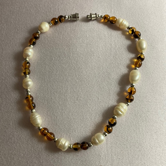 NWOT - Amber Glass Beads & Freshwater Pearls Silver Balls Wider Ankle Bracelet - Picture 2 of 10